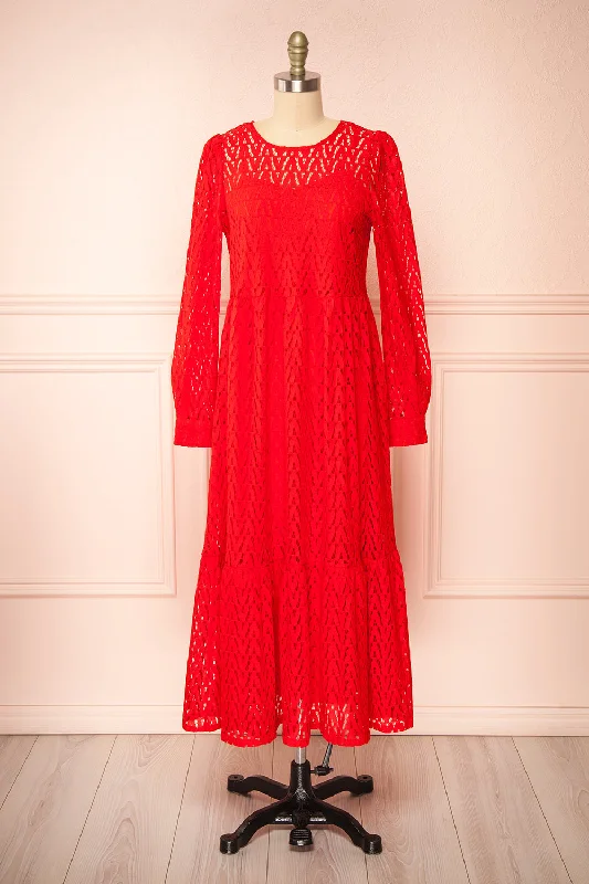 Christina | Red Lace Midi Dress w/ Long Sleeves Comfortable Draped Midi Dress