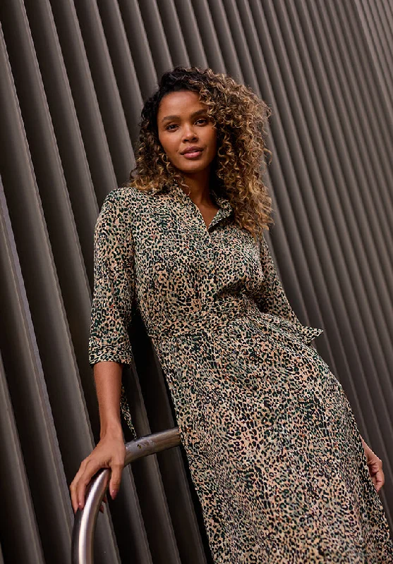 Claire Button Down Leopard Print Midi Dress In Green Comfortable Fit-and-Flare Midi Dress