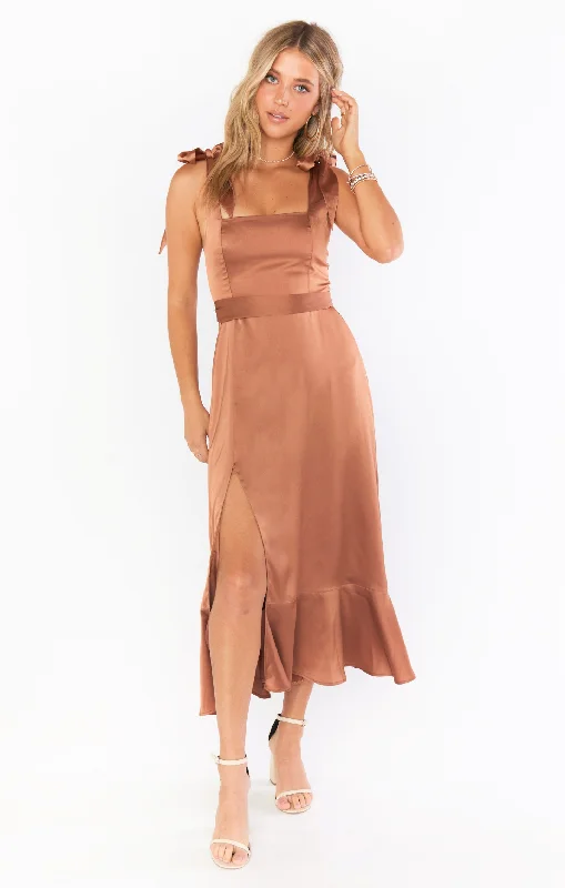 Claire Midi Dress ~ Copper Luxe Satin Elegant Maxi-Midi Hybrid Dress