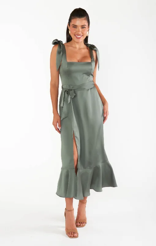 Claire Midi Dress ~ Deep Sage Luxe Satin Stylish Tiered Midi Dress