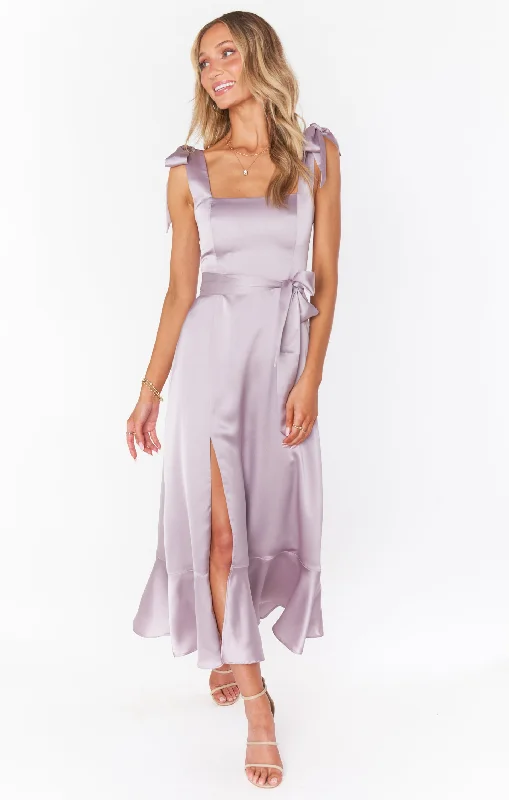 Claire Midi Dress ~ Dusty Purple Luxe Satin Fashionable Skater Midi Dress