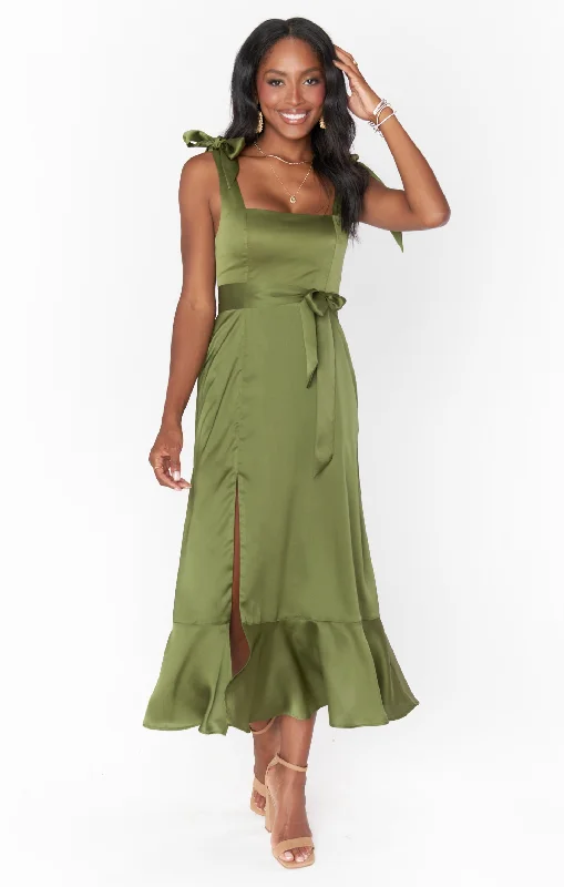 Claire Midi Dress ~ Rich Olive Luxe Satin Fashionable Skater Midi Dress