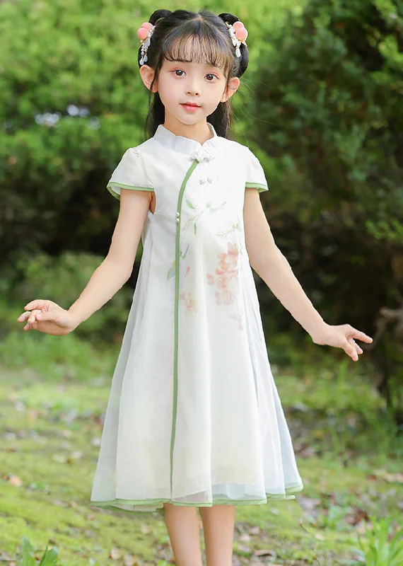 Classy White Stand Collar Print Tulle Girls Maxi Dresses Summer MN025 Comfortable Fitted Maxi Dress