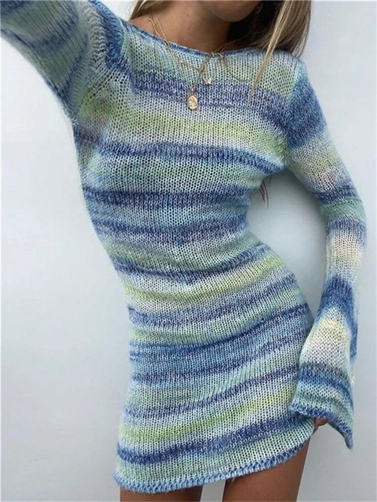Colorful Striped Y2K Knitted Bodycon Mini Dresses Trendy Floral Mini Dress