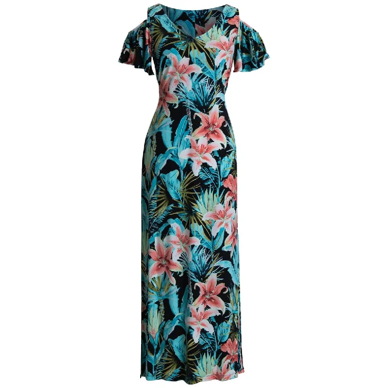 Connected Apparel Womens Floral Print  Maxi Dress Cozy Maxi Dress with Slit