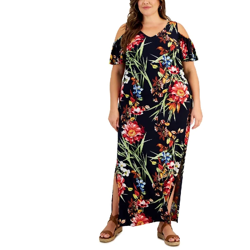 Connected Apparel Womens Plus Floral Print Polyester Maxi Dress Stylish Button-Up Maxi Dress