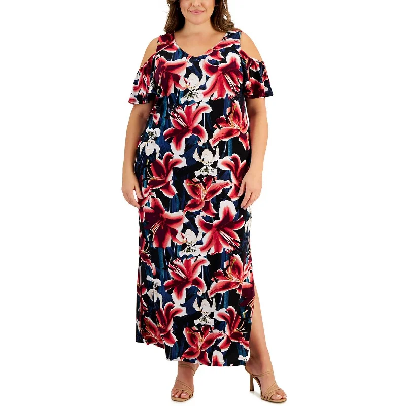 Connected Apparel Womens Plus Long Floral Print Maxi Dress Trendy Ruffled Maxi Dress