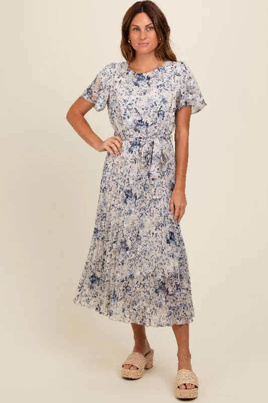 Cream Floral Pleated Midi Dress Cozy A-Line Midi Dress