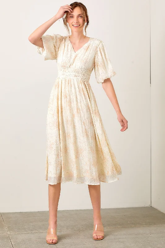 Cream Floral Smocked Waist Midi Dress Fashionable A-Line Midi Dress