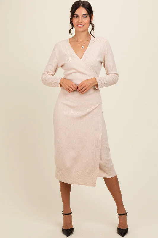 Cream Knit Crossover Ruched Midi Dress Elegant Lace Trim Midi Dress