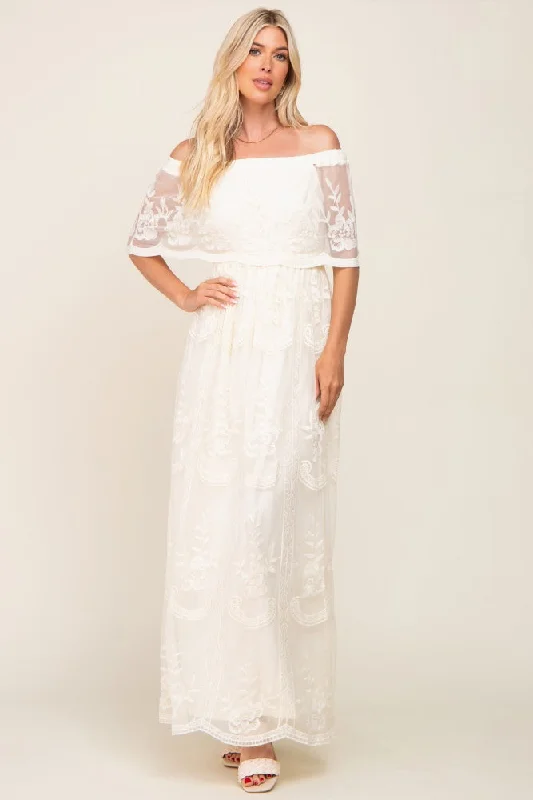 Cream Lace Mesh Overlay Off Shoulder Maxi Dress Cozy Longline Maxi Dress