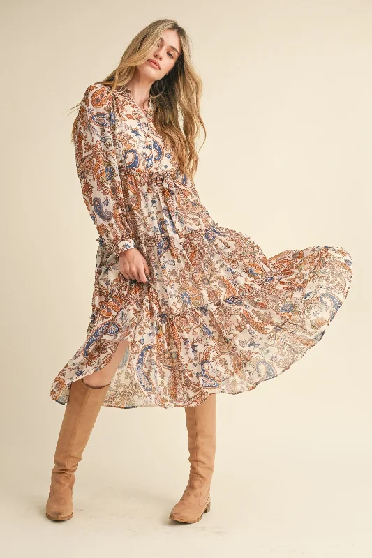 Cream Paisley Print Button Down Midi Dress Fashionable Pleated Midi Dress