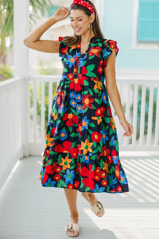 Created Beauty Navy Blue Floral Midi Dress Stylish Halter Neck Midi Dress