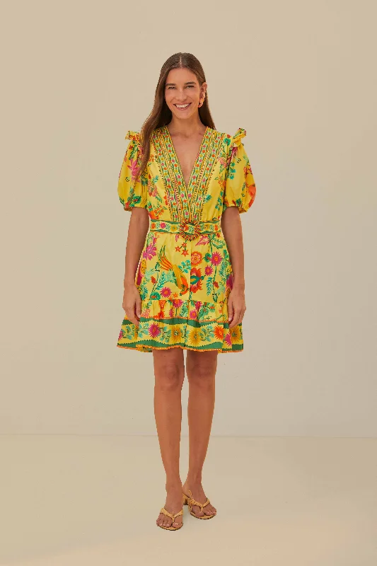 Yellow Delicate Fruit Garden Organic Cotton Mini Dress Stylish Button-Down Mini Dress