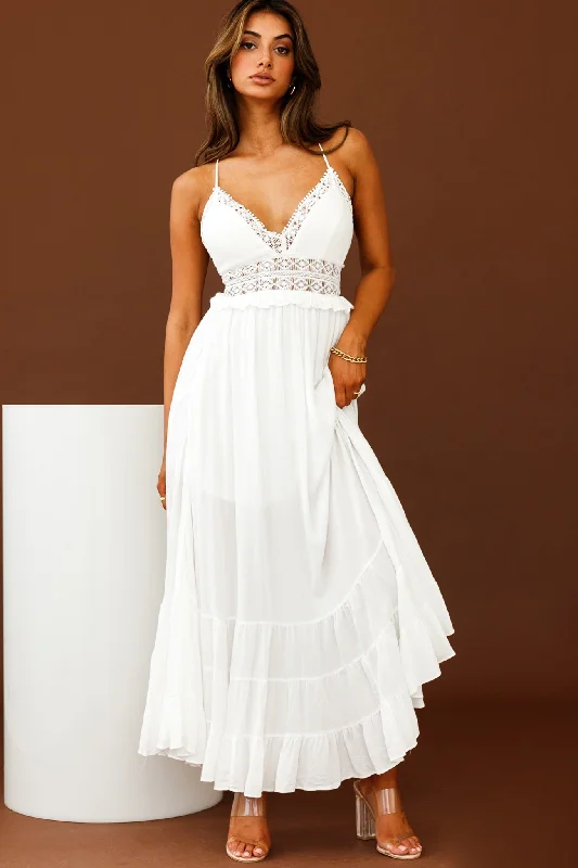 Desert Rose Crochet Tie-Up Back Maxi Dress White Elegant Maxi Dress with Drapes