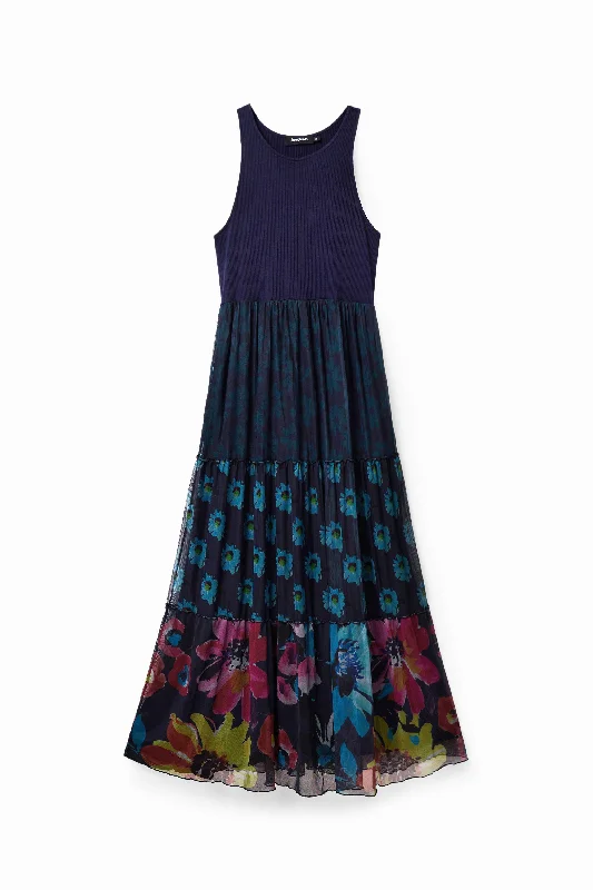 Desigual navy maxi dress with a floral print skirt Comfortable Fit-and-Flare Maxi Dress