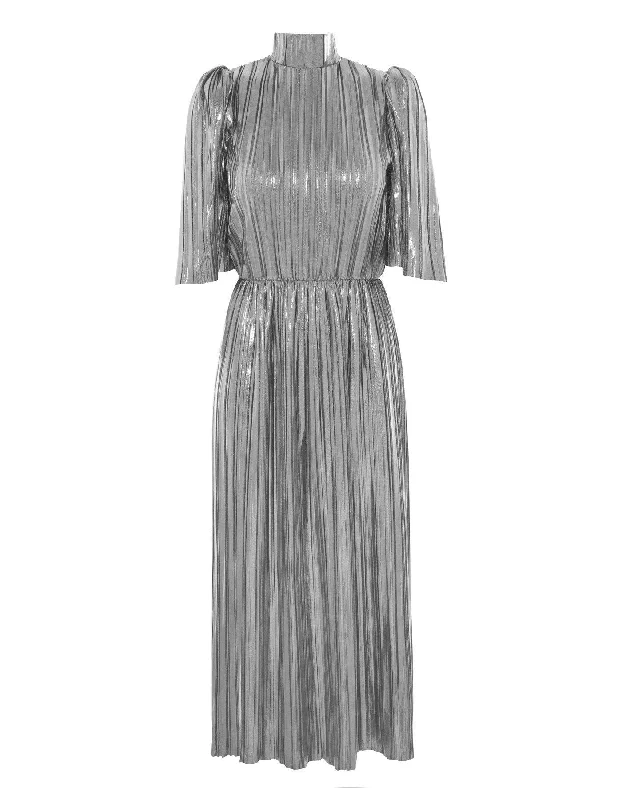 Diane Silver Metallic Plisse Midi Dress Trendy Ruffle Hem Midi Dress
