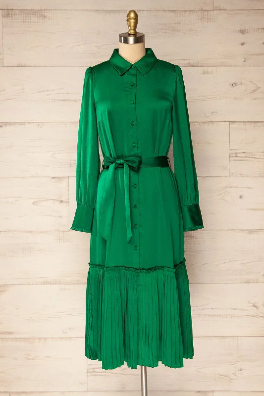 Doha | Green Satin Midi Dress w/ Belt Comfortable Floral Print Midi Dress
