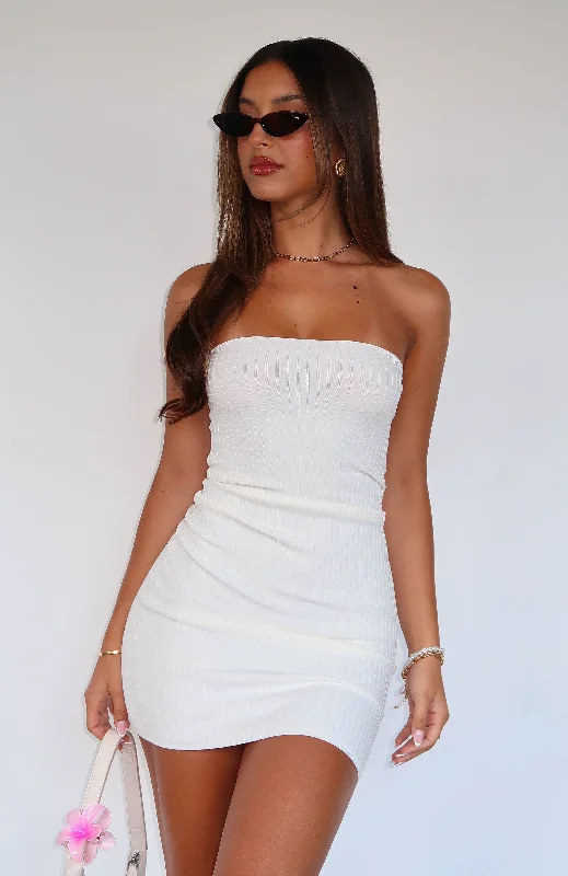 Don't Hide Strapless Knit Mini Dress White Casual High-Waist Mini Dress