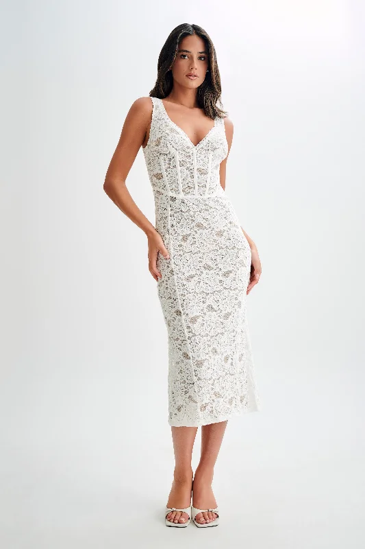 Doria Lace Plisse Midi Dress - Ivory Elegant Velvet Midi Dress