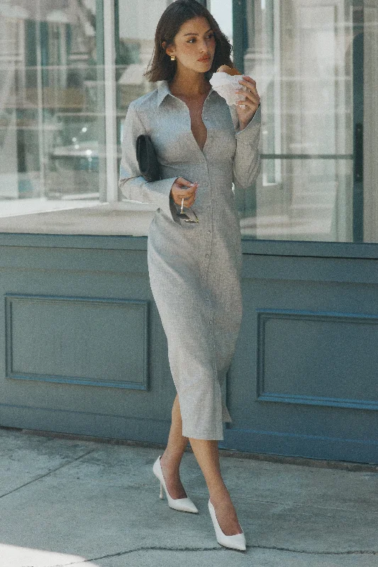 Dorian Fitted Shirt Midi Dress - Charcoal Marle Fashionable Sheer Sleeve Midi Dress
