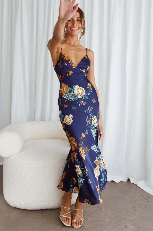 Downtown Cami Strap Front Split Midi Dress Oriental Flower Print Navy Trendy Knit Midi Dress