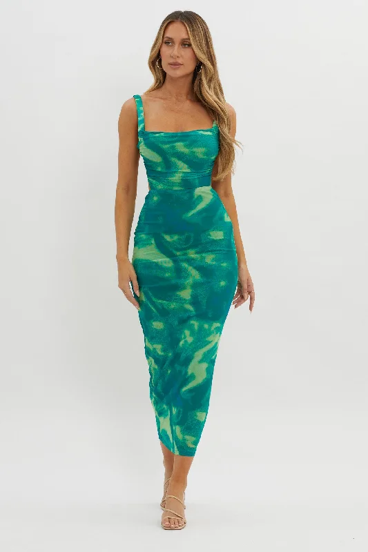 Dream Crush Lace-Up Back Side Split Maxi Dress Swirl Green Stylish Button-Up Maxi Dress