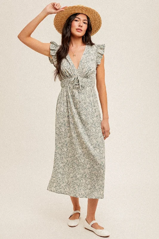 Dusty Blue Flutter Sleeves Floral Print Midi Dress Stylish Cold Shoulder Midi Dress