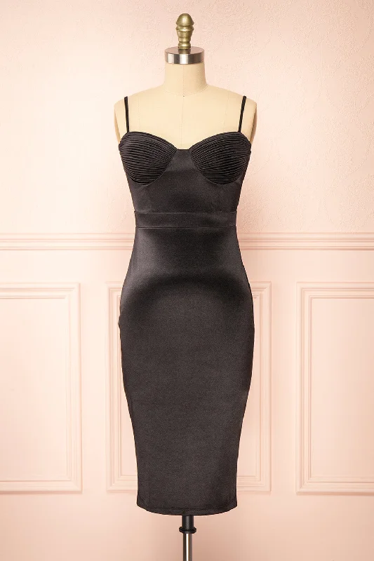 Elderia Black | Fitted Satin Midi Dress Trendy Shift Midi Dress