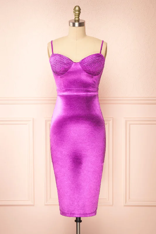 Elderia Purple | Fitted Satin Midi Dress Stylish Halter Neck Midi Dress