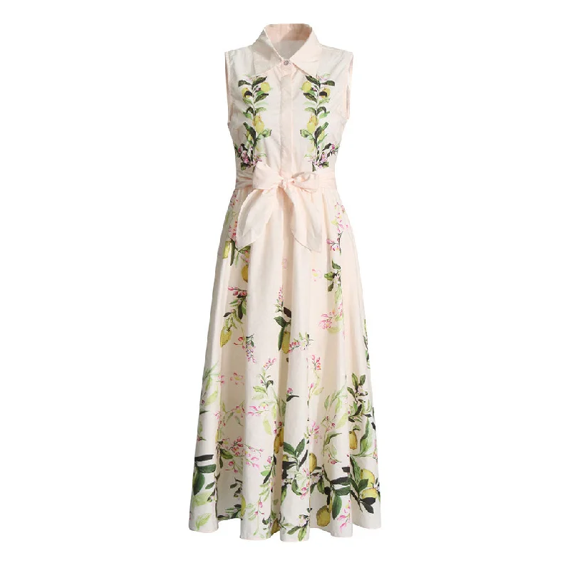 Elegant Fruit Printed Folded Collar Button Up Sleeveless Tie Belt Midi Dress Stylish Button-Up Midi Dress