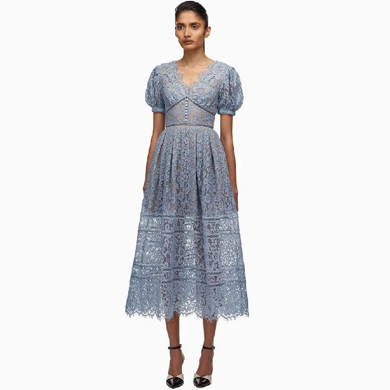 Elegant Puff Sleeve V Neck Embroidered Lace Midi Dress - Dusty Blue Stylish Animal Print Midi Dress