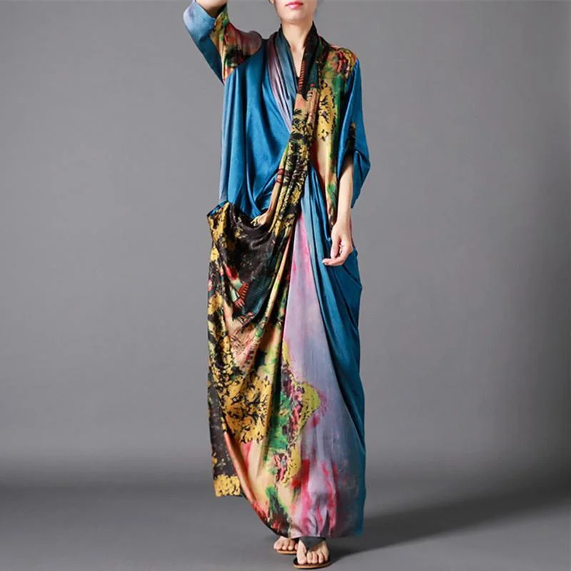 Elegant v neck silk asymmetric clothes Sleeve blue floral Maxi Dresses Stylish Off-Shoulder Maxi Dress