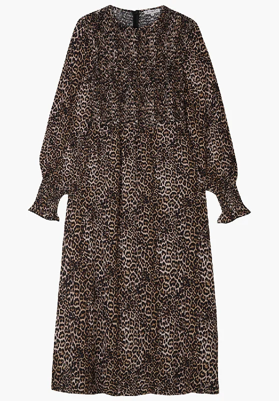 Elsie Shirred Bodice Big Cat Print Midi Dress In Brown Stylish Button-Up Midi Dress