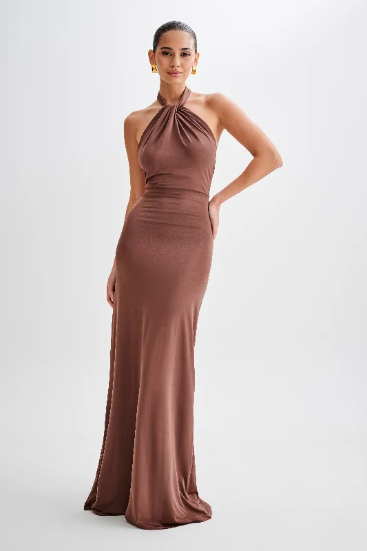 Elyna Slinky Halter Maxi Dress - Chocolate Comfortable Flowy Maxi Dress