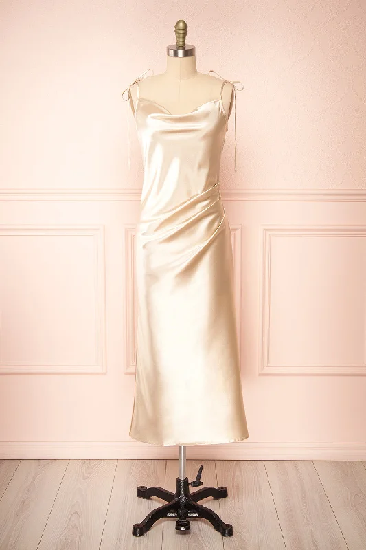 Elyse Beige | Cowl Neck Midi Dress Elegant Satin Midi Dress