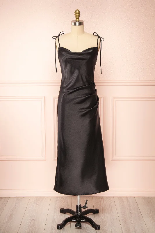 Elyse Black | Cowl Neck Midi Dress Fashionable One-Shoulder Midi Dress