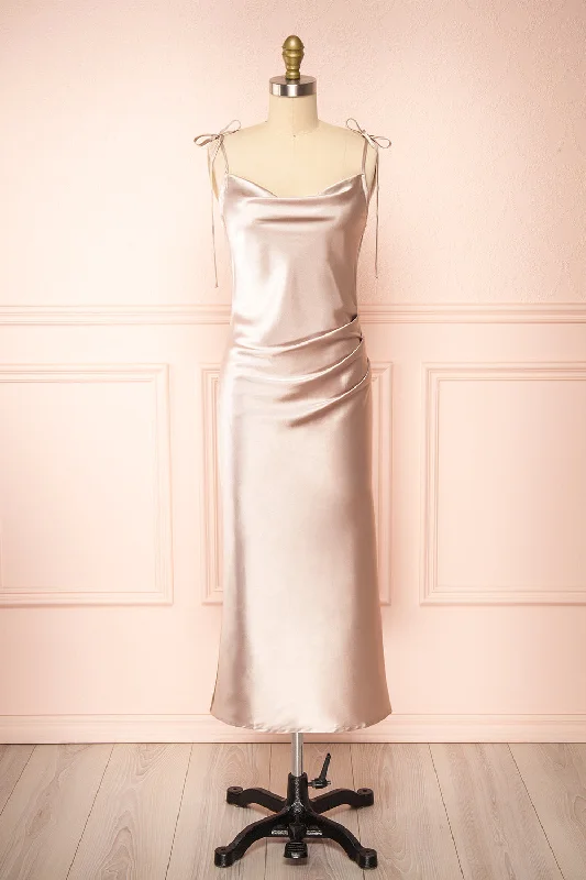 Elyse Champagne | Cowl Neck Midi Dress Fashionable Polka Dot Midi Dress