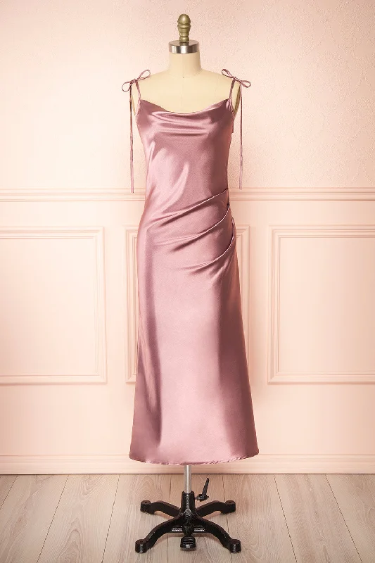 Elyse Mauve | Cowl Neck Midi Dress Elegant Faux Wrap Midi Dress
