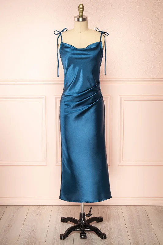 Elyse Royal Blue | Cowl Neck Midi Dress Trendy Smocked Detail Midi Dress