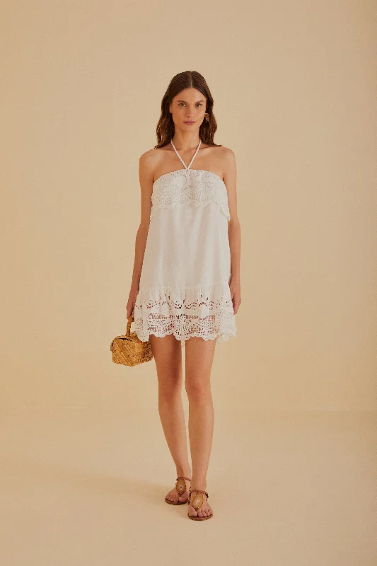 Off-White Embroidered Guipure Euroflax™ Premium Linen Mini Dress Trendy Button-Detail Mini Dress