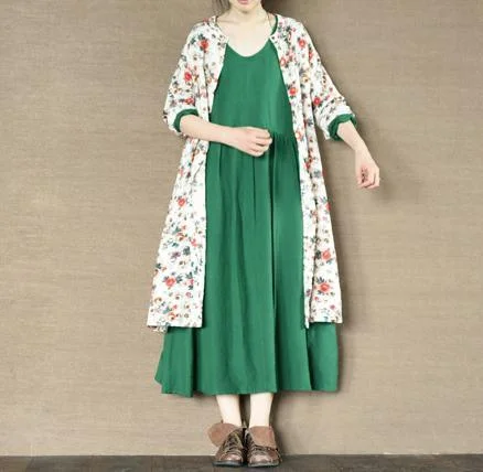 Emerald green linen sundress women linen maxi dress oversize cotton summer dresses Elegant Maxi Dress with Ruffles