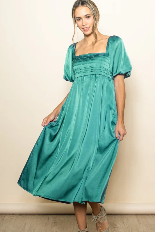 Emerald Green Satin Pleated Bodice Puff Sleeve Midi Dress Fashionable Polka Dot Midi Dress