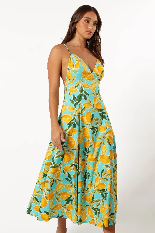 Emery Lemon Print Midi Dress - Sky Lemon Elegant Pleated Detail Midi Dress