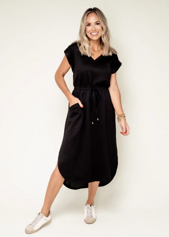 One Step Ahead V Neck Midi Dress-Black Trendy Flared Sleeve Midi Dress