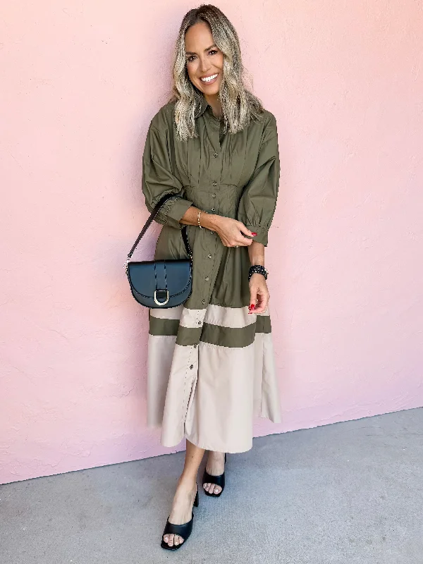 Threads Of Destiny Color Block Midi Dress Trendy Long Sleeve Midi Dress