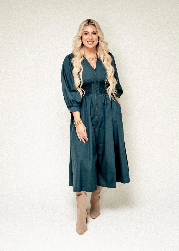 All Together Now V Neck Midi Dress-Forest Comfortable Knitwear Midi Dress