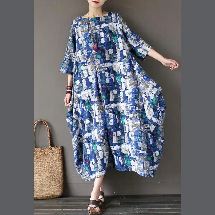 Fall Blue Grid Linen Caftans Lantern Dresses Oversize O Neck Casual Maxi Dress Fashionable Button-Down Maxi Dress