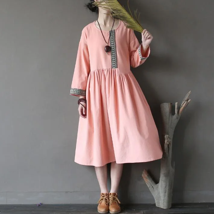 fall new pink cotton maxi dresses baggy loose elastic waist patchwork casual dress Comfortable Fit-and-Flare Maxi Dress