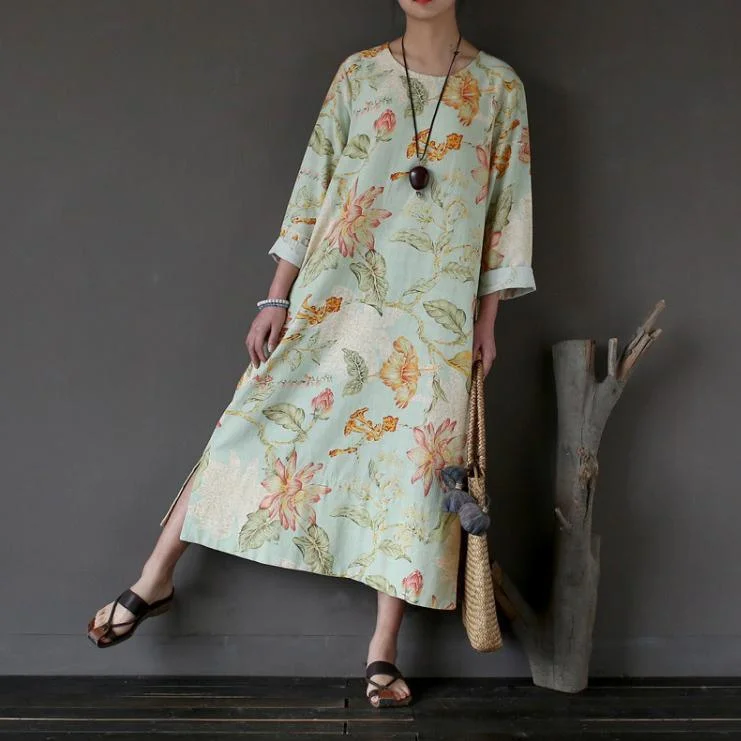 fall new print linen dress plus size asymmetric hem long sleeve maxi dress Trendy Floral Print Maxi Dress